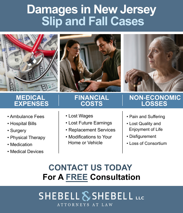 Damages in New Jersey Slip and Fall Cases Medical Expenses: Ambulance Fees, Hospital Bills, Surgery, Physical Therapy, Medication, Medical devices Financial Costs: Lost Wages, Lost Future Earnings, Replacement Services. Modifications to Your Home or Vehicle Non-Economic Losses: Pain and Suffering, Lost Quality and Enjoyment of Life, Disfigurement, Loss of Consortium Contact us today for a free consultation.